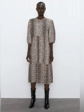 Zara Tiered Leopard Print Midi Dress Size L